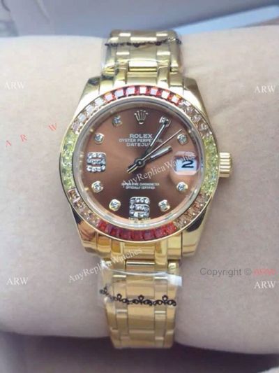 Copy Rolex Oyster Perpetual Pearlmaster Yellow Gold Watch Brown Face